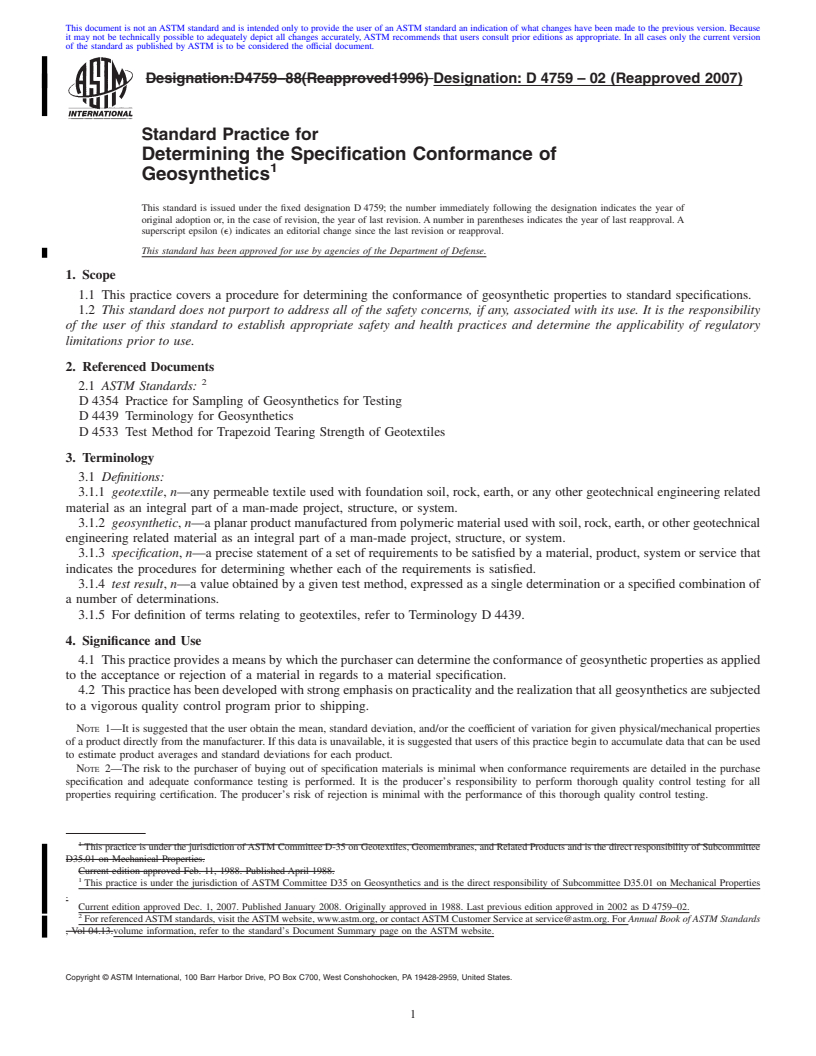 REDLINE ASTM D4759-02(2007) - Standard Practice for  Determining the Specification Conformance of Geosynthetics