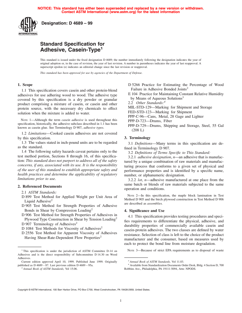 ASTM D4689-99 - Standard Specification for Adhesive, Casein-Type