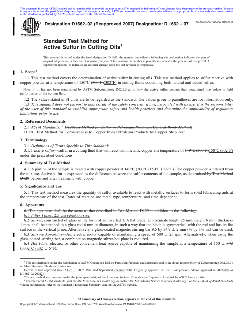 REDLINE ASTM D1662-07 - Standard Test Method for Active Sulfur in Cutting Oils