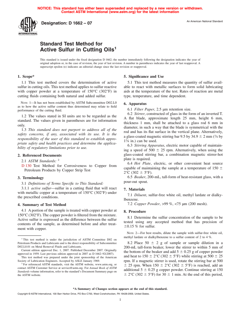 ASTM D1662-07 - Standard Test Method for Active Sulfur in Cutting Oils