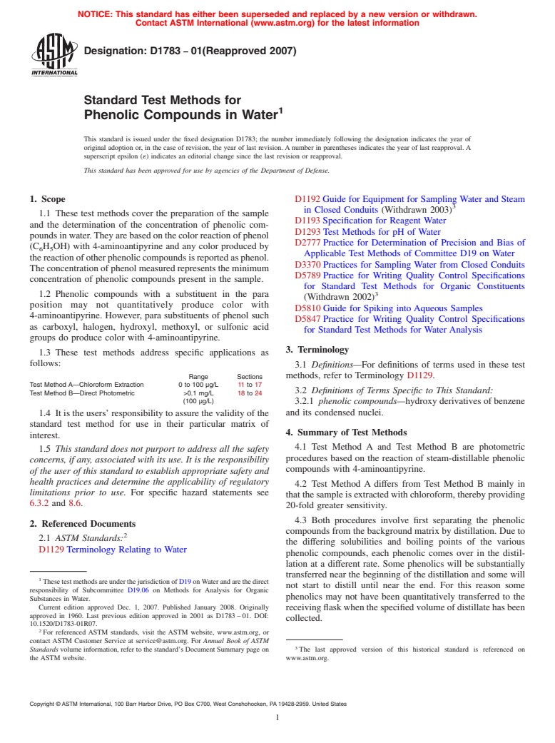 ASTM D1783-01(2007) - Standard Test Methods for  Phenolic Compounds in Water