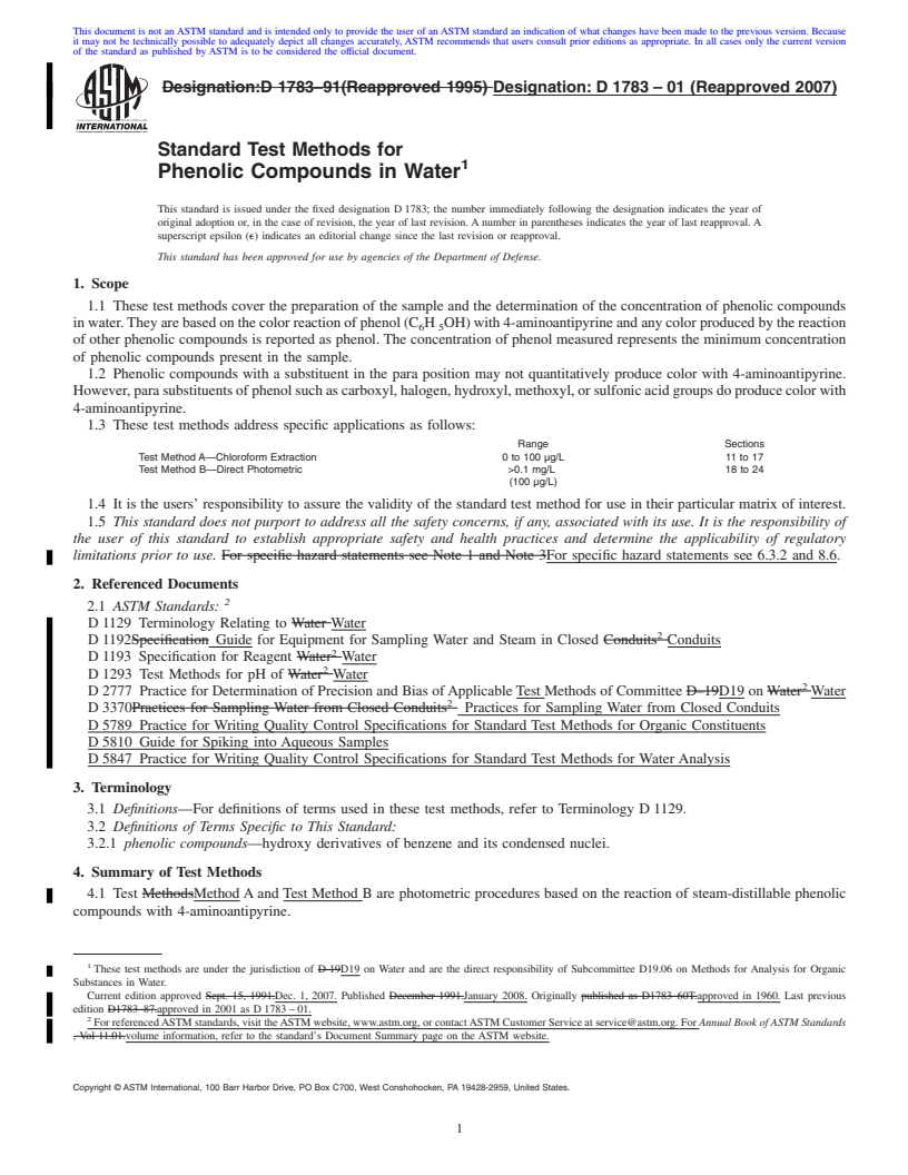 REDLINE ASTM D1783-01(2007) - Standard Test Methods for  Phenolic Compounds in Water