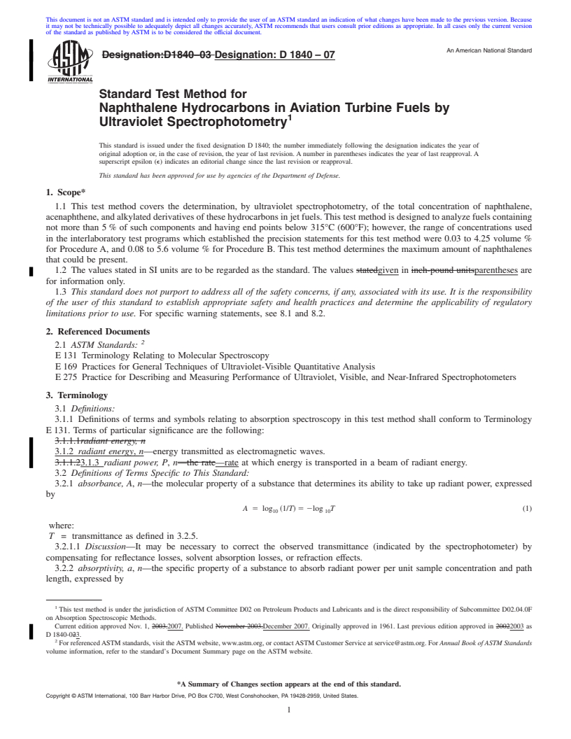 REDLINE ASTM D1840-07 - Standard Test Method for Naphthalene Hydrocarbons in Aviation Turbine Fuels by Ultraviolet Spectrophotometry