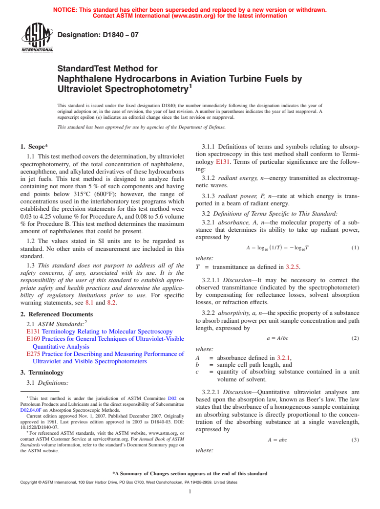 ASTM D1840-07 - Standard Test Method for Naphthalene Hydrocarbons in Aviation Turbine Fuels by Ultraviolet Spectrophotometry