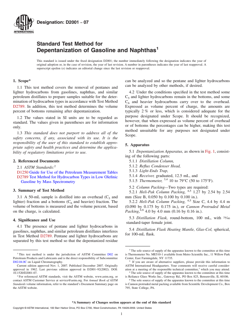 ASTM D2001-07 - Standard Test Method for Depentanization of Gasoline and Naphthas