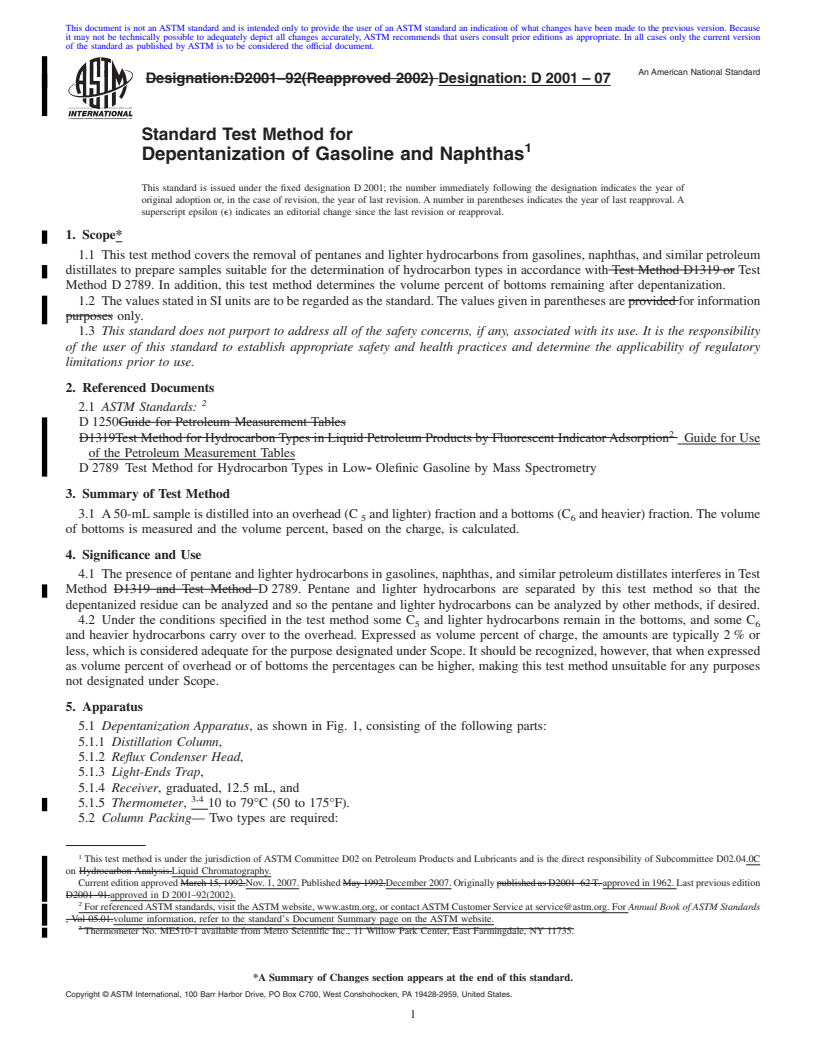 REDLINE ASTM D2001-07 - Standard Test Method for Depentanization of Gasoline and Naphthas