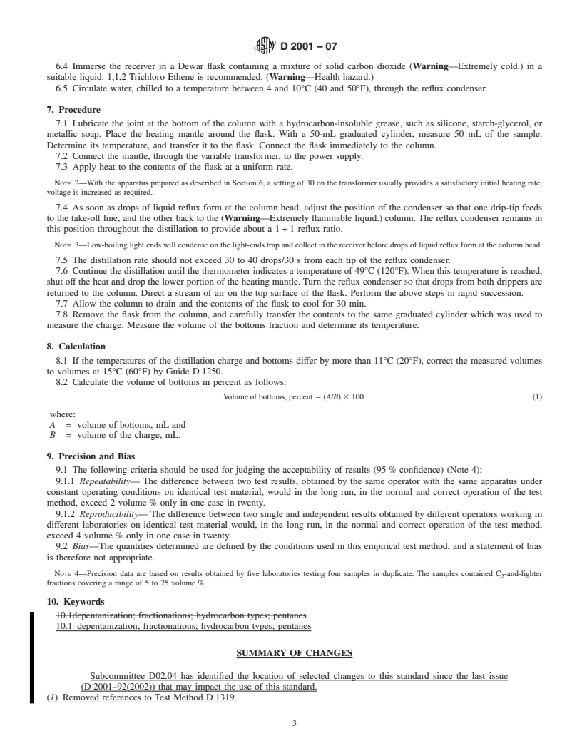 REDLINE ASTM D2001-07 - Standard Test Method for Depentanization of Gasoline and Naphthas