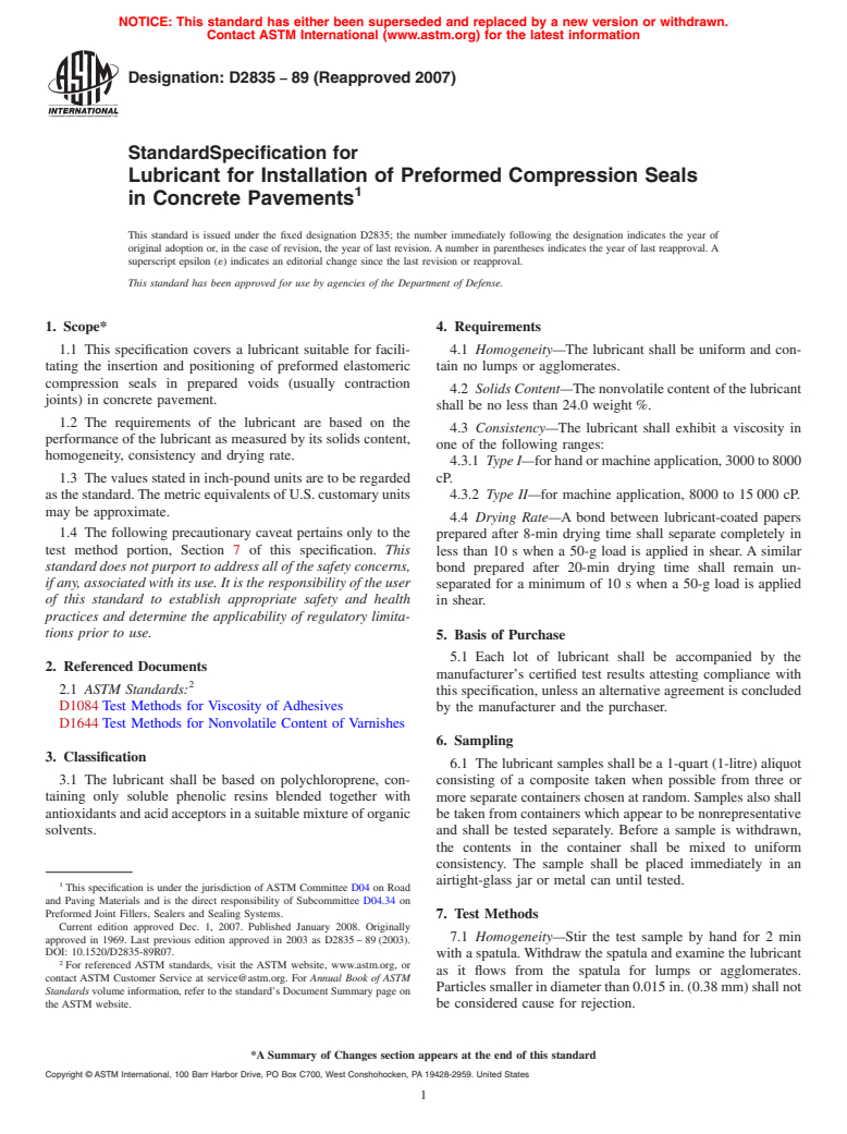 ASTM D2835-89(2007) - Standard Specification for  Lubricant for Installation of Preformed Compression Seals in Concrete Pavements