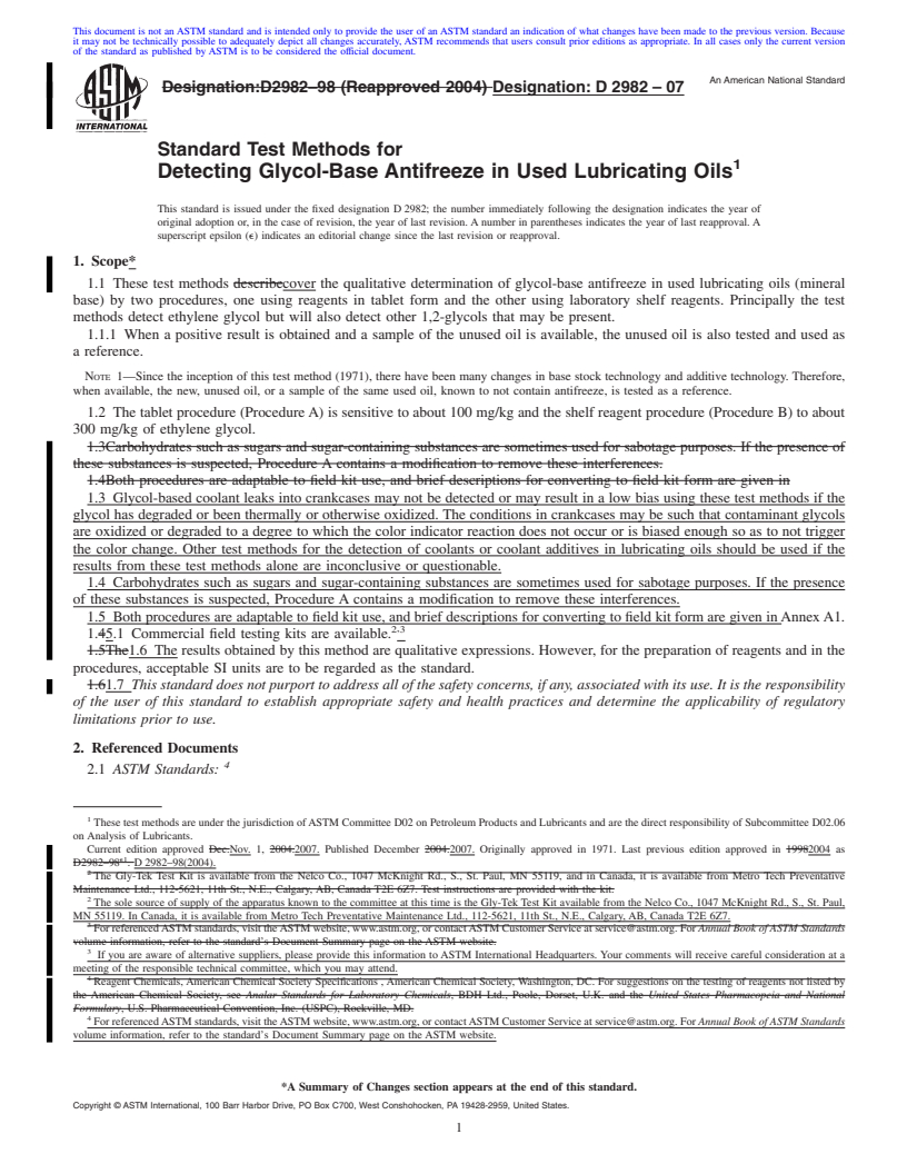 REDLINE ASTM D2982-07 - Standard Test Methods for Detecting Glycol-Base Antifreeze in Used Lubricating Oils