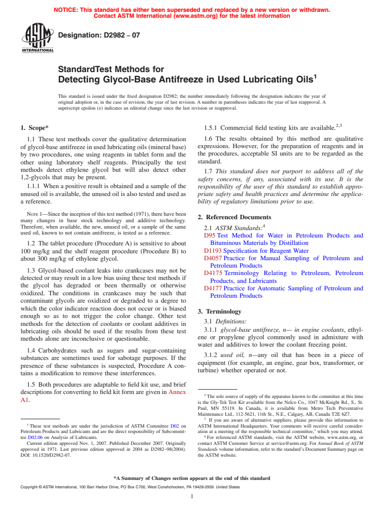 ASTM D2982-07 - Standard Test Methods for Detecting Glycol-Base Antifreeze in Used Lubricating Oils