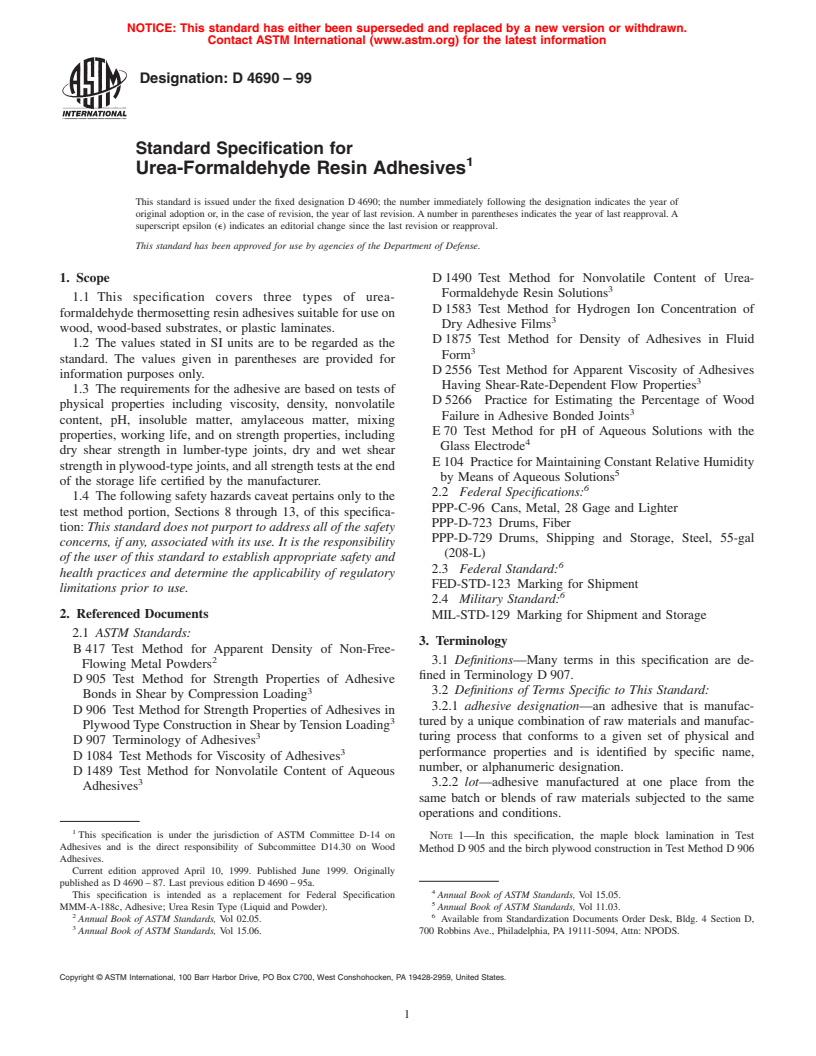 ASTM D4690-99 - Standard Specification for Urea-Formaldehyde Resin Adhesives