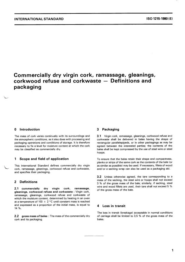 ISO 1215:1980 - Commercially dry virgin cork, ramassage, gleanings, corkwood refuse and corkwaste -- Definitions and packaging