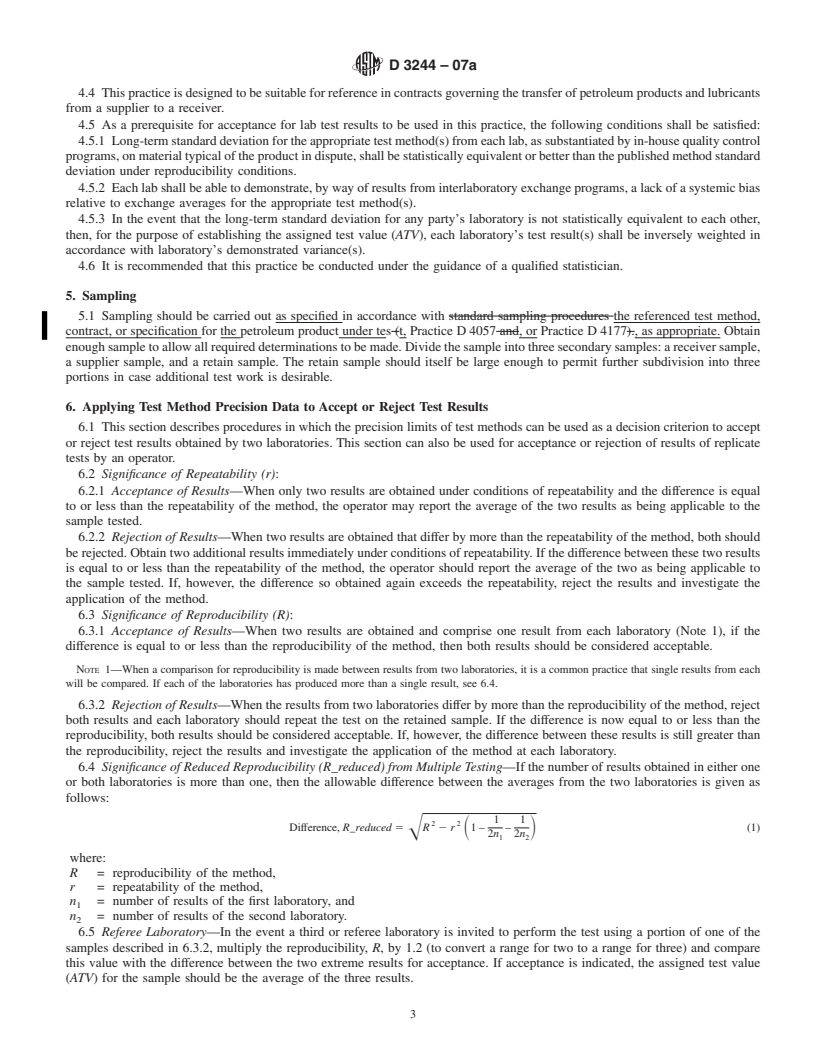 REDLINE ASTM D3244-07a - Standard Practice for Utilization of Test Data to Determine Conformance with Specifications