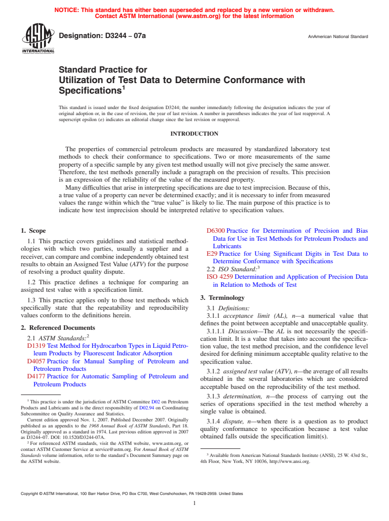 ASTM D3244-07a - Standard Practice for Utilization of Test Data to Determine Conformance with Specifications