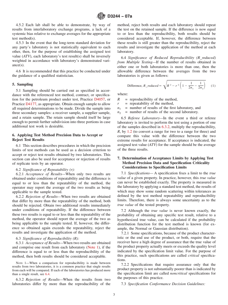 ASTM D3244-07a - Standard Practice for Utilization of Test Data to Determine Conformance with Specifications