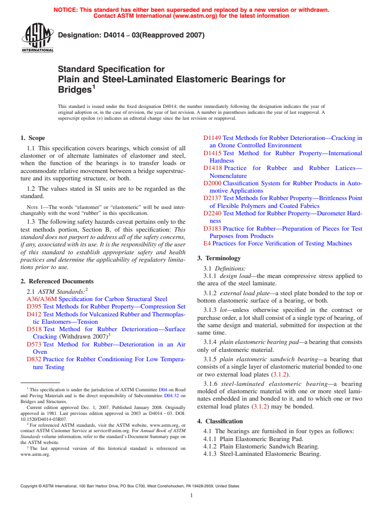 ASTM D4014-03(2007) - Standard Specification for  Plain and Steel-Laminated Elastomeric Bearings for Bridges