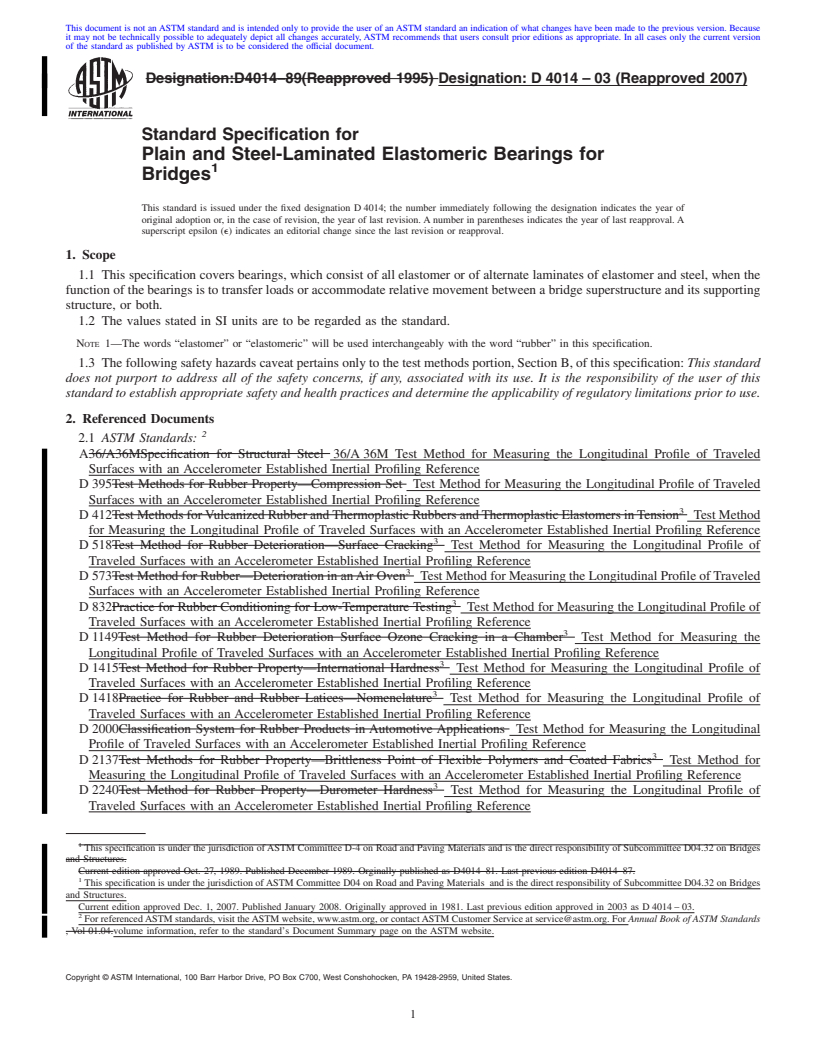 REDLINE ASTM D4014-03(2007) - Standard Specification for  Plain and Steel-Laminated Elastomeric Bearings for Bridges