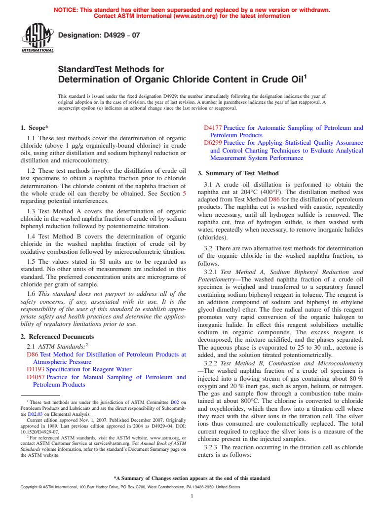 ASTM D4929-07 - Standard Test Methods for Determination of Organic Chloride Content in Crude Oil