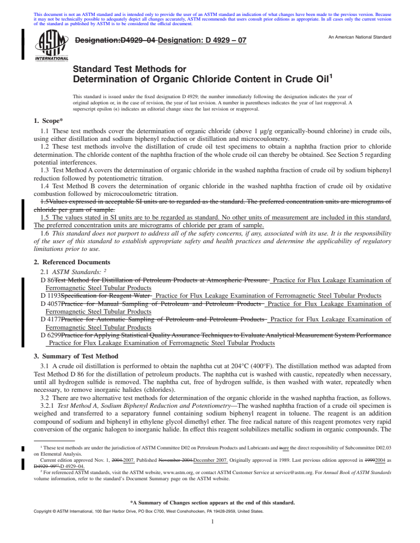 REDLINE ASTM D4929-07 - Standard Test Methods for Determination of Organic Chloride Content in Crude Oil