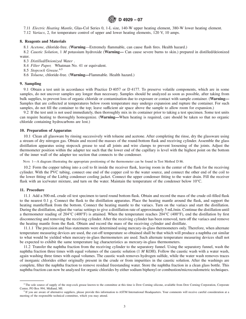 REDLINE ASTM D4929-07 - Standard Test Methods for Determination of Organic Chloride Content in Crude Oil