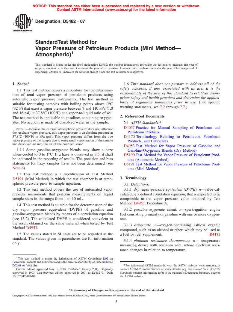 ASTM D5482-07 - Standard Test Method for Vapor Pressure of Petroleum Products (Mini Method<span class='unicode'>&#x2014;</span>Atmospheric)