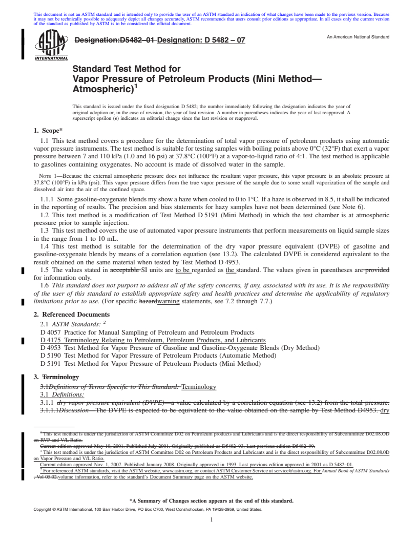 REDLINE ASTM D5482-07 - Standard Test Method for Vapor Pressure of Petroleum Products (Mini Method<span class='unicode'>&#x2014;</span>Atmospheric)