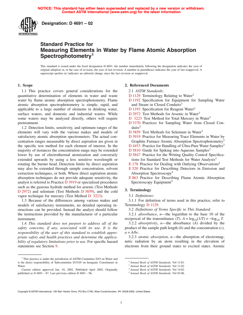 ASTM D4691-02 - Standard Practice for Measuring Elements in Water by Flame Atomic Absorption Spectrophotometry