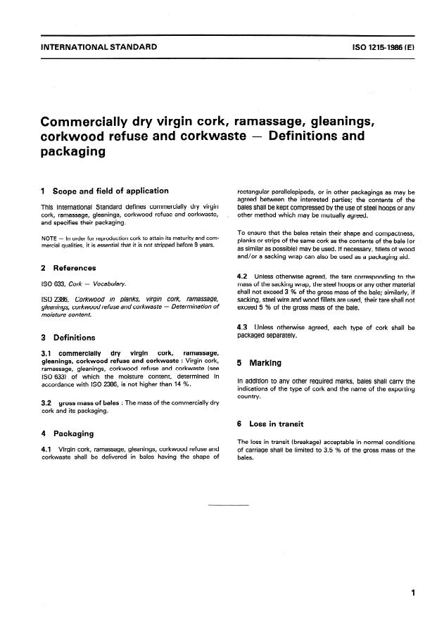 ISO 1215:1986 - Commercially dry virgin cork, ramassage, gleanings, corkwood refuse and corkwaste -- Definitions and packaging