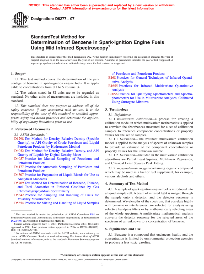 ASTM D6277-07 - Standard Test Method for Determination of Benzene in Spark-Ignition Engine Fuels Using Mid Infrared Spectroscopy