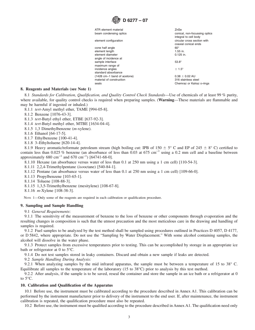 REDLINE ASTM D6277-07 - Standard Test Method for Determination of Benzene in Spark-Ignition Engine Fuels Using Mid Infrared Spectroscopy