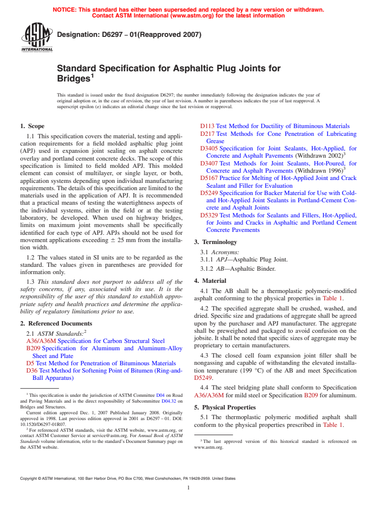 ASTM D6297-01(2007) - Standard Specification for Asphaltic Plug Joints for Bridges