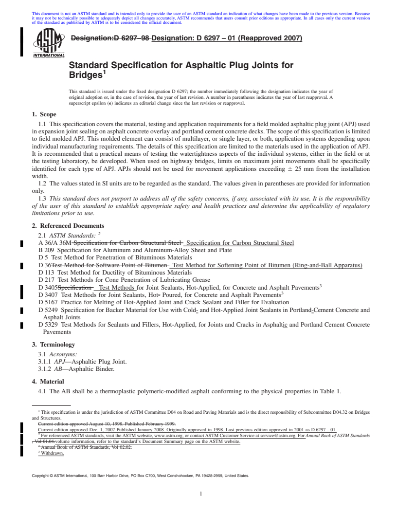 REDLINE ASTM D6297-01(2007) - Standard Specification for Asphaltic Plug Joints for Bridges