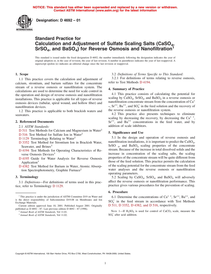 ASTM D4692-01 - Standard Practice for Calculation and Adjustment of Sulfate Scaling Salts (CaSO<sub>4</sub>, SrSO<sub>4</sub>, and BaSO<sub>4</sub>) for Reverse Osmosis and Nanofiltration