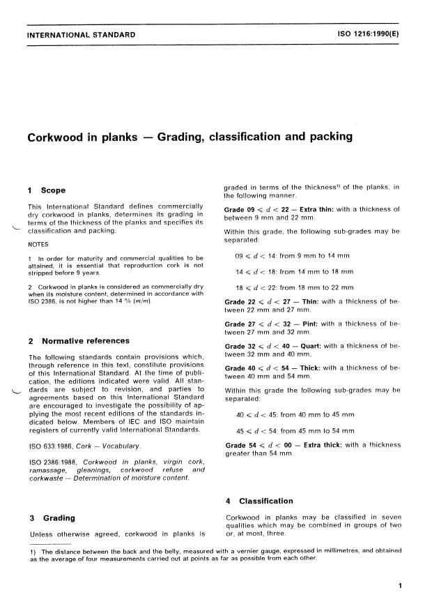 ISO 1216:1990 - Corkwood in planks -- Grading, classification and packing