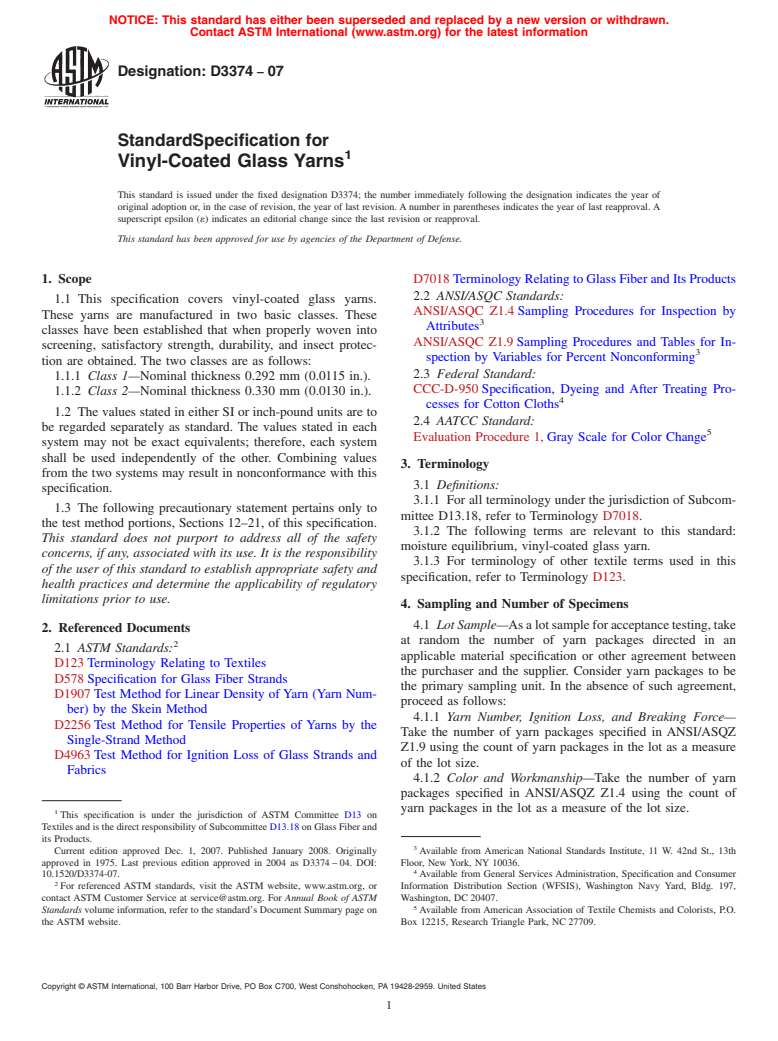 ASTM D3374-07 - Standard Specification for Vinyl-Coated Glass Yarns