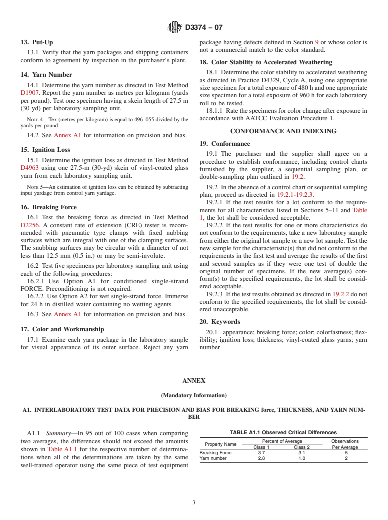 ASTM D3374-07 - Standard Specification for Vinyl-Coated Glass Yarns