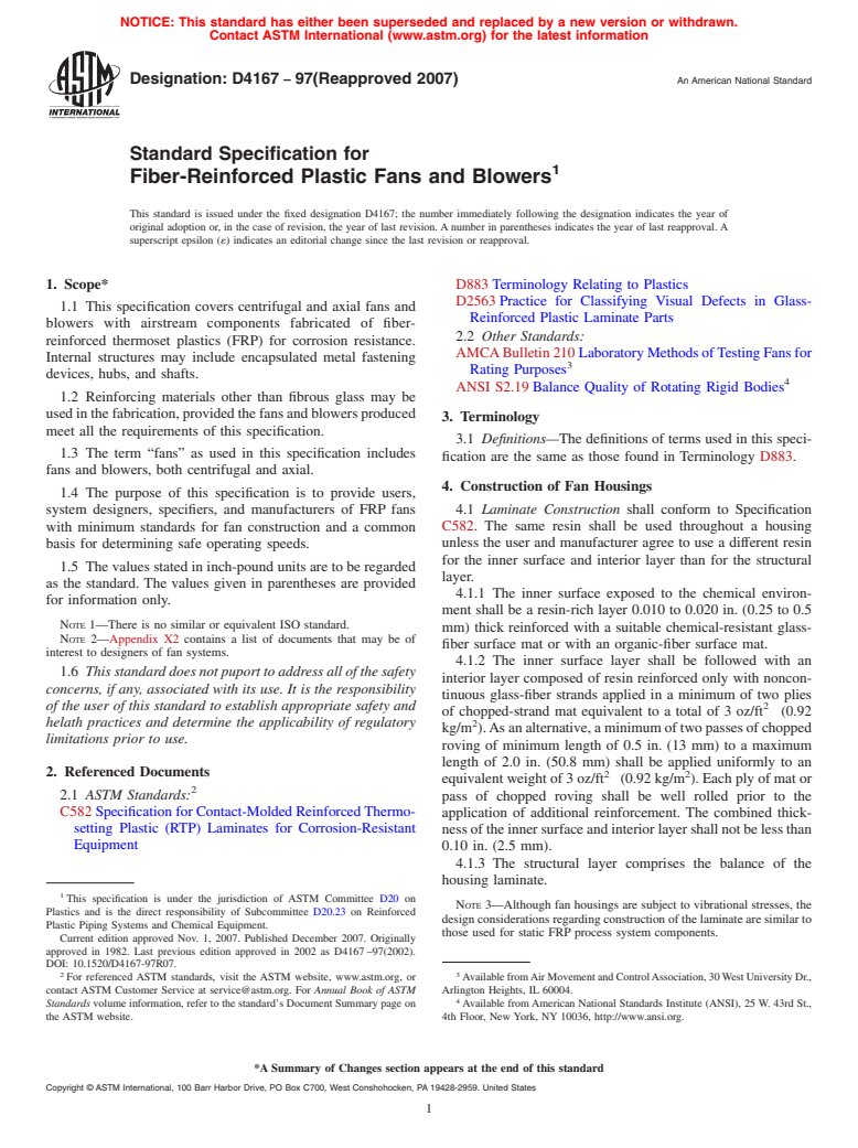 ASTM D4167-97(2007) - Standard Specification for  Fiber-Reinforced Plastic Fans and Blowers