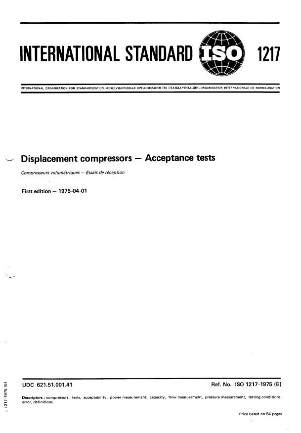 ISO 1217:1975 - Displacement compressors -- Acceptance tests