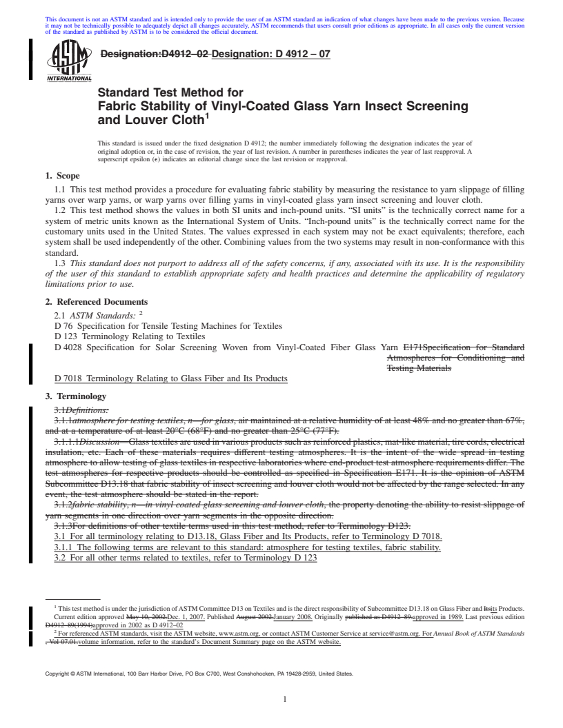 REDLINE ASTM D4912-07 - Standard Test Method for Fabric Stability of Vinyl-Coated Glass Yarn Insect Screening and Louver Cloth