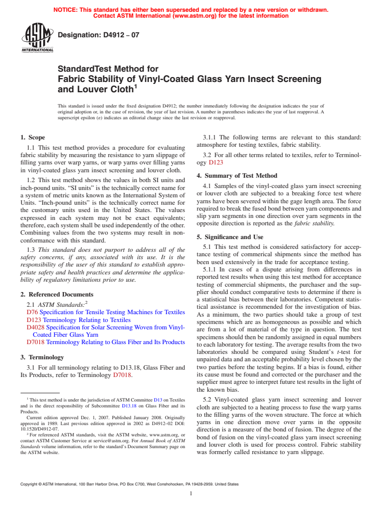 ASTM D4912-07 - Standard Test Method for Fabric Stability of Vinyl-Coated Glass Yarn Insect Screening and Louver Cloth