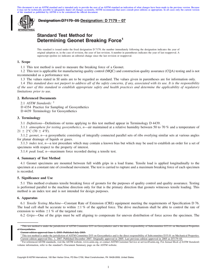 REDLINE ASTM D7179-07 - Standard Test Method for Determining Geonet Breaking Force