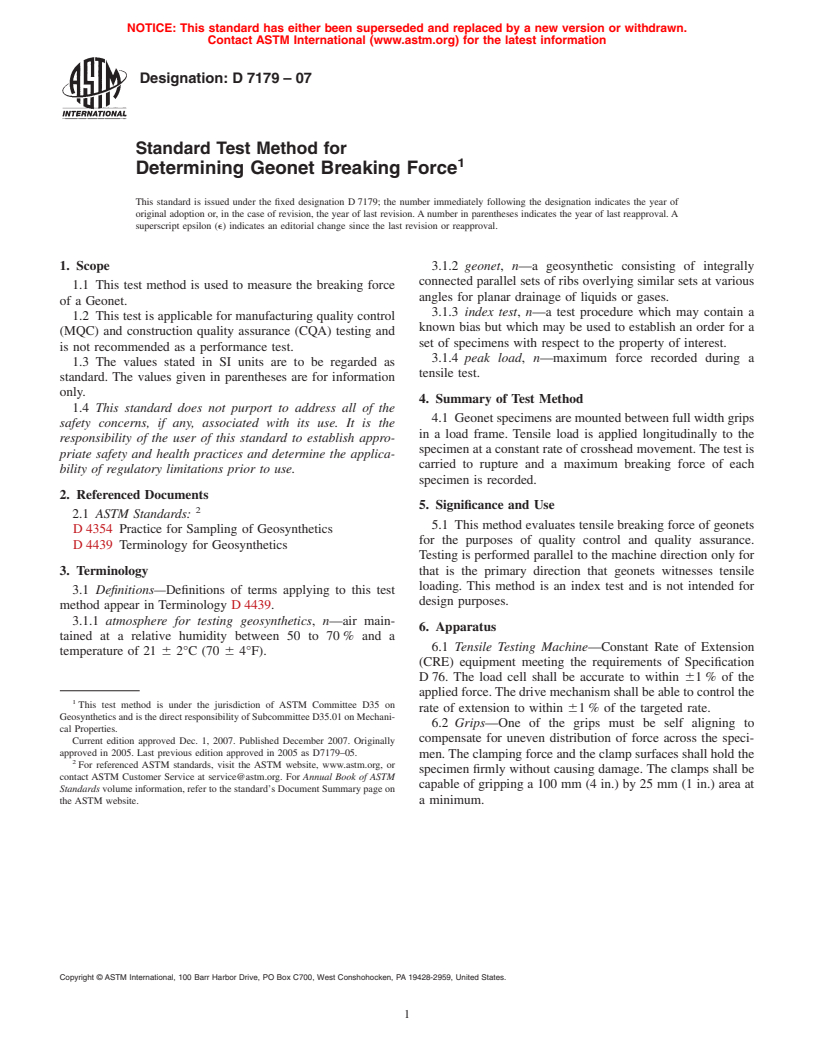 ASTM D7179-07 - Standard Test Method for Determining Geonet Breaking Force