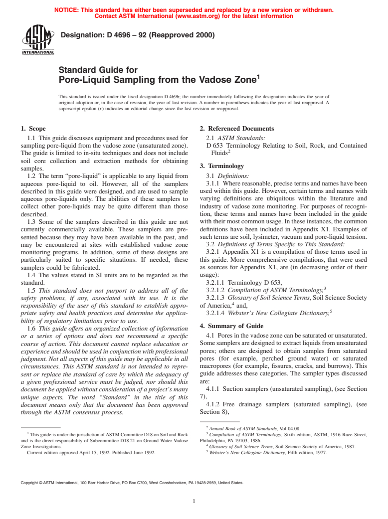 ASTM D4696-92(2000) - Standard Guide for Pore-Liquid Sampling from the Vadose Zone
