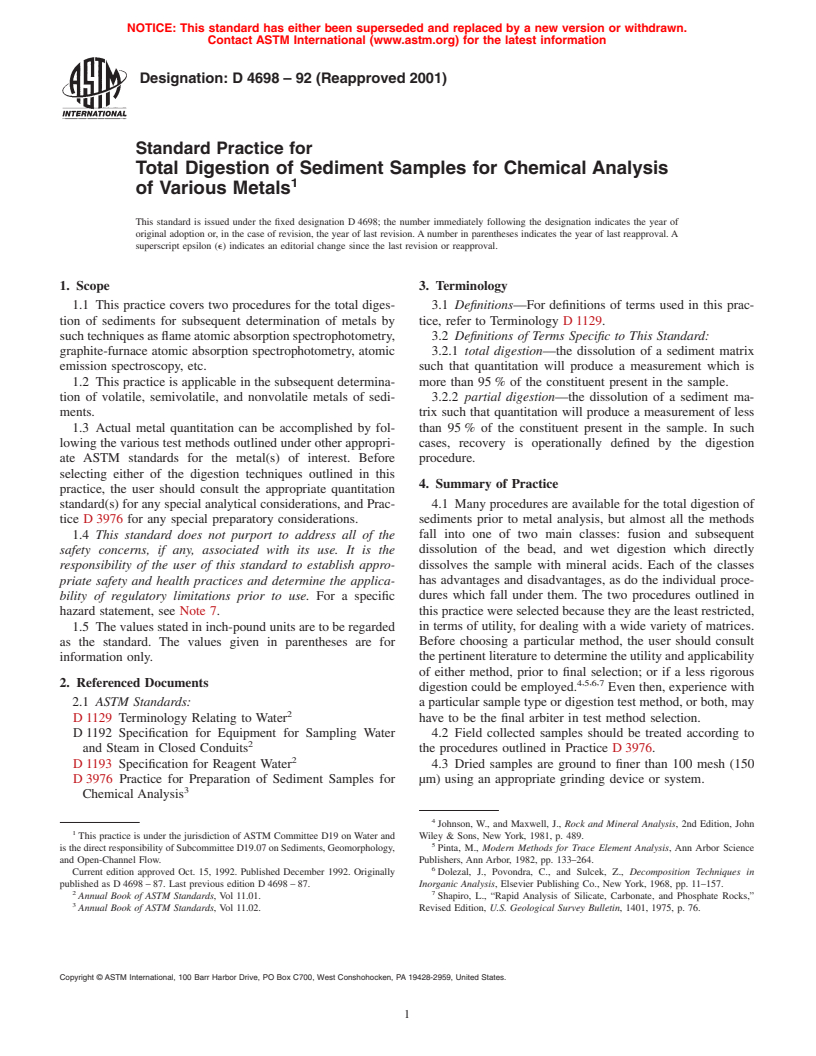 ASTM D4698-92(2001) - Standard Practice for Total Digestion of Sediment Samples for Chemical Analysis of Various Metals