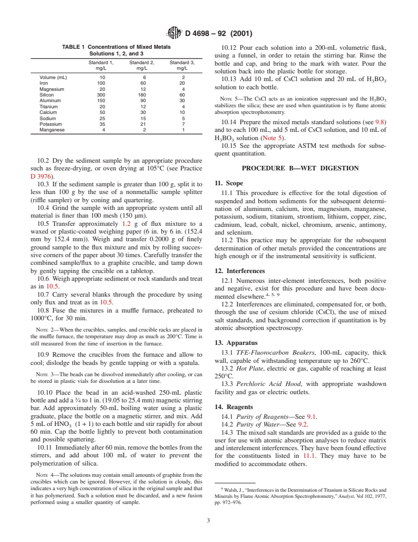 ASTM D4698-92(2001) - Standard Practice for Total Digestion of Sediment Samples for Chemical Analysis of Various Metals