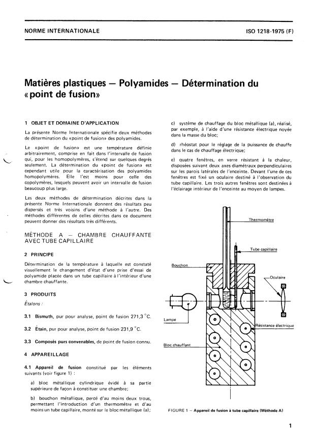 ISO 1218:1975 - Matieres plastiques -- Polyamides -- Détermination du "point de fusion"