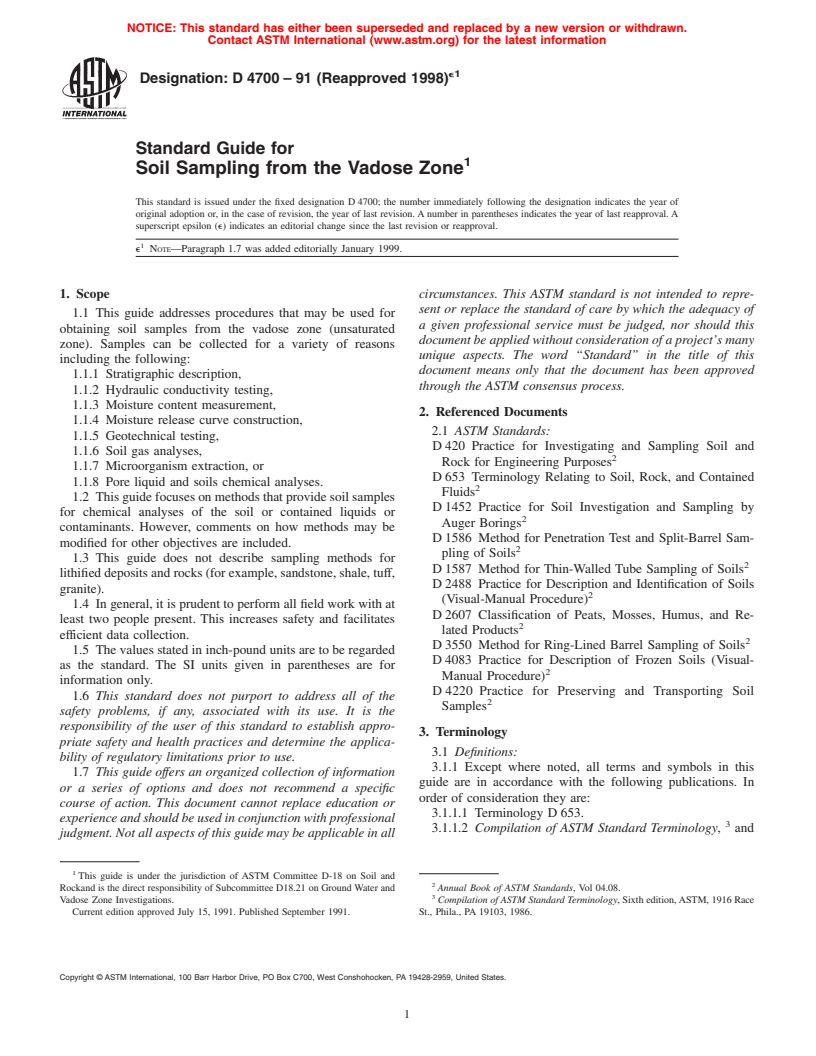 ASTM D4700-91(1998)e1 - Standard Guide for Soil Sampling from the Vadose Zone