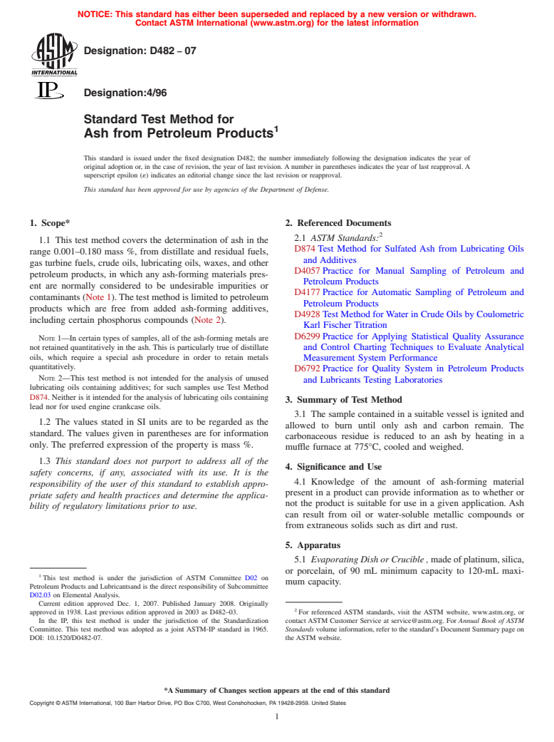 ASTM D482-07 - Standard Test Method for Ash from Petroleum Products