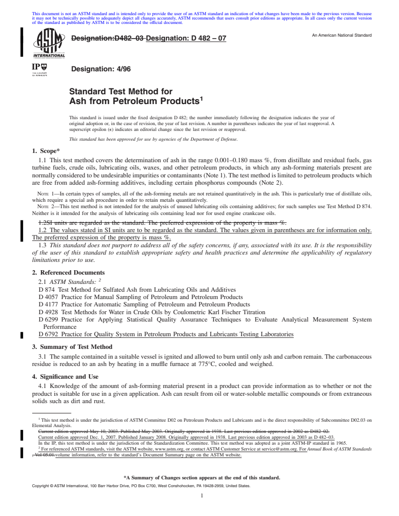 REDLINE ASTM D482-07 - Standard Test Method for Ash from Petroleum Products