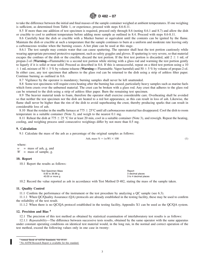 REDLINE ASTM D482-07 - Standard Test Method for Ash from Petroleum Products